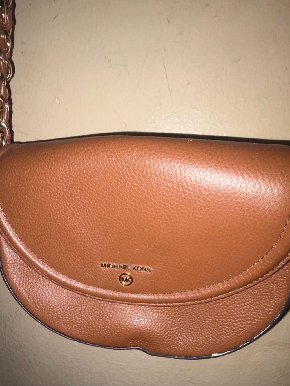 Michael Kors Cognac Leather Crescent Crossbody with Gold Chain
